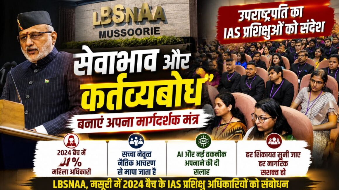 LBSNAA मसूरी में उपराष्ट्रपति: सेवाभाव और कर्तव्यबोध को बनाएं मार्गदर्शक मंत्र, 2024 बैच में 41% महिला IAS अधिकारी