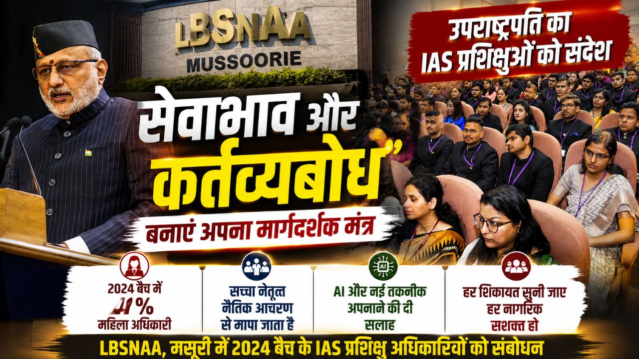 LBSNAA मसूरी में उपराष्ट्रपति: सेवाभाव और कर्तव्यबोध को बनाएं मार्गदर्शक मंत्र, 2024 बैच में 41% महिला IAS अधिकारी