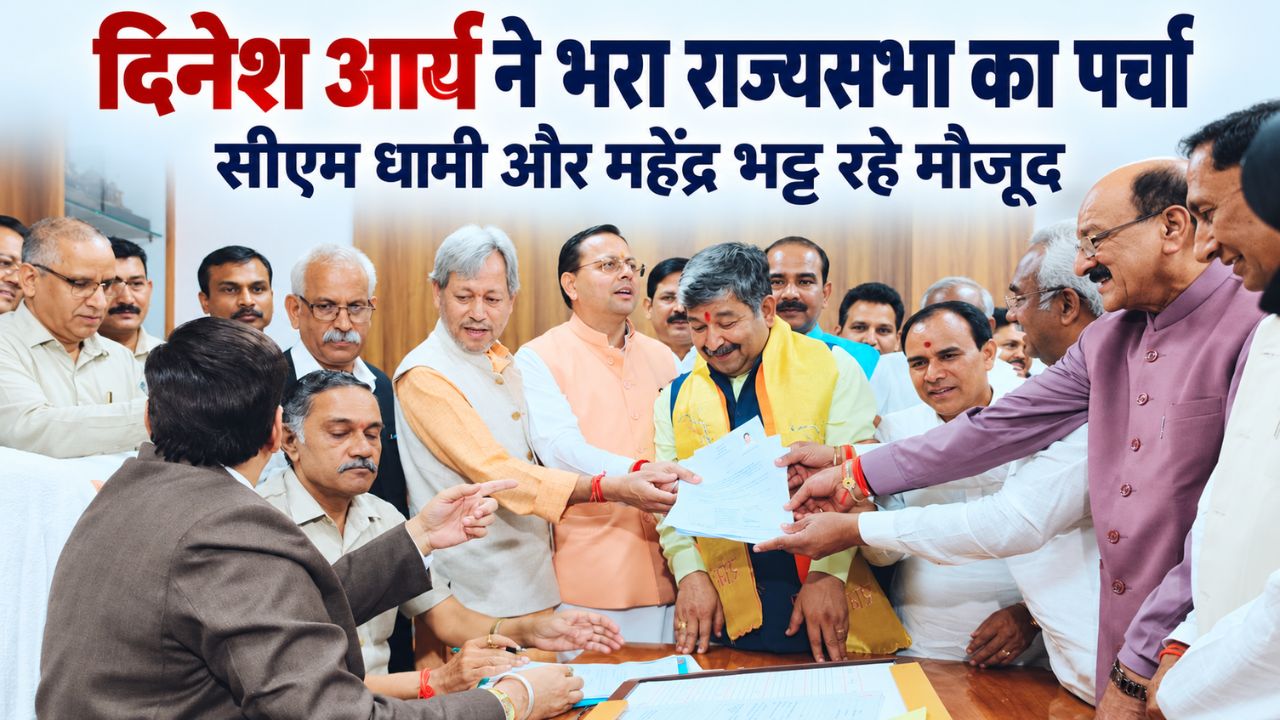 उत्तराखंड से भाजपा प्रत्याशी दिनेश आर्य ने भरा राज्यसभा का पर्चा, सीएम धामी और महेंद्र भट्ट रहे मौजूद